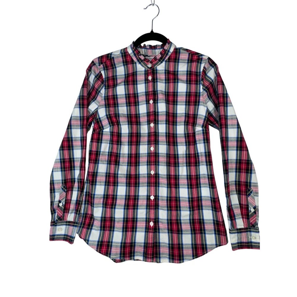 J.Crew XS Womens Plaid Button-Down Shirt With Ruffled Collar‎ Red White Preppy